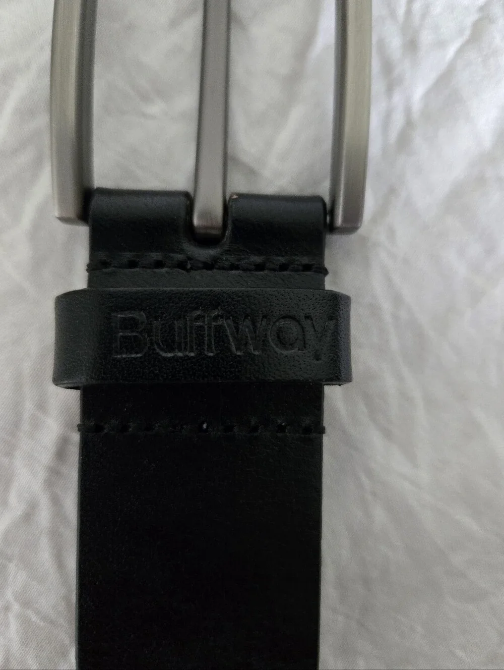 Men’s Buffway Black Leather Belt Brushed Silver Buckle Casual Dress Belt